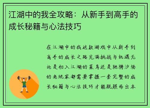 江湖中的我全攻略：从新手到高手的成长秘籍与心法技巧