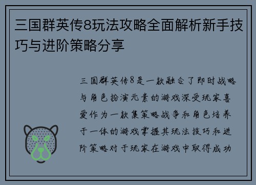 三国群英传8玩法攻略全面解析新手技巧与进阶策略分享